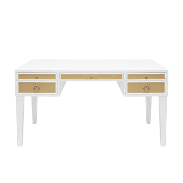 White Matte Lacquer Desk with Grasscloth Drawer with Brass Hardware