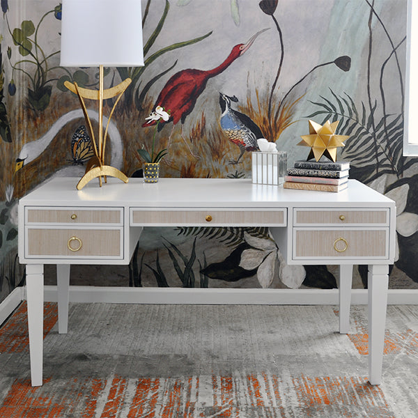 White Matte Lacquer Desk with Grasscloth Drawer with Brass Hardware