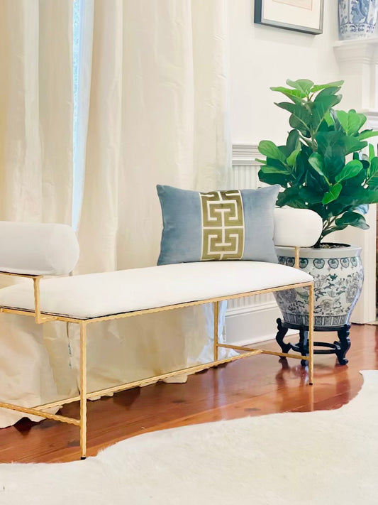 Miller bench with white linen seating