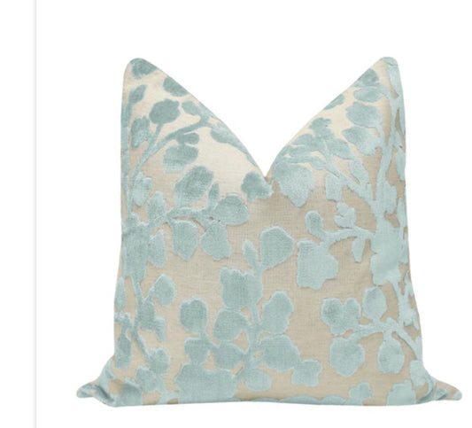 Blossom Cut Velvet Spa Blue Pillow