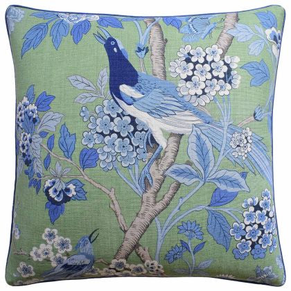 Hydrangea Bird Decorative Pillow - Emerald Blue 22x22