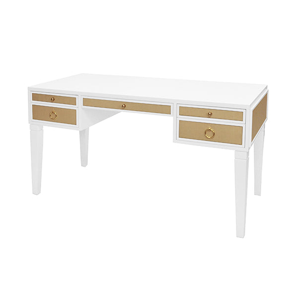 White Matte Lacquer Desk with Grasscloth Drawer with Brass Hardware