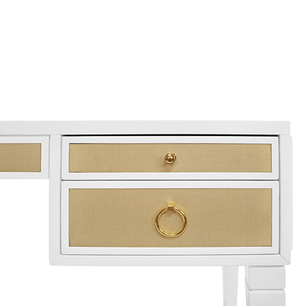 White Matte Lacquer Desk with Grasscloth Drawer with Brass Hardware